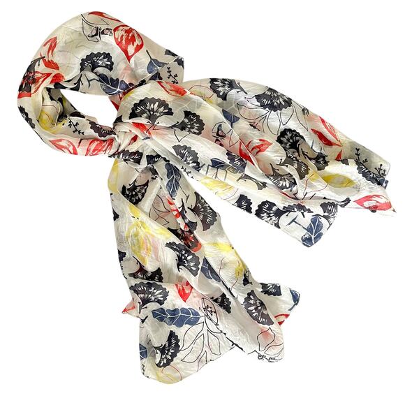 Galeries Lafayette Colorful Leaf-Print Lightweight Silk Long Rectangle Scarf - Picture 6 of 6